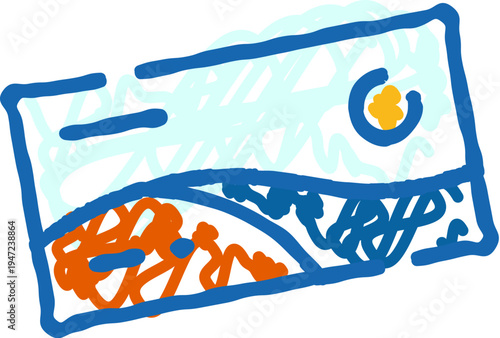 Financial payment card sketch in blue and orange, stylized doodle representing banking, digital transactions, e commerce, secure payments, accounts, and modern financial services