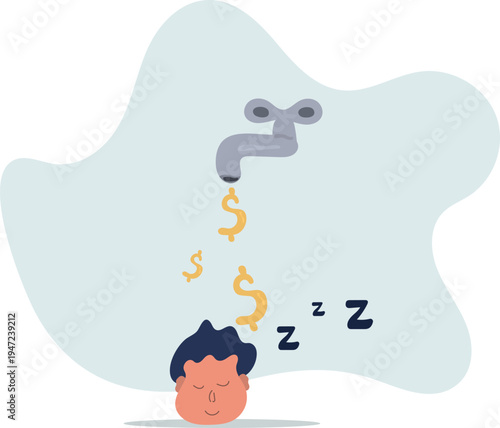 Passive Income Concept . Sleeping Man Head and Faucet with Falling Dollar Signs, Vector Illustration.