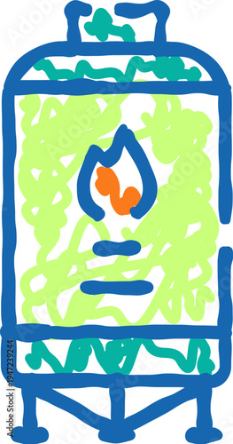 Gas boiler vessel doodle drawing with a flame symbol, representing essential heating and energy infrastructure for residential and industrial fuel supply