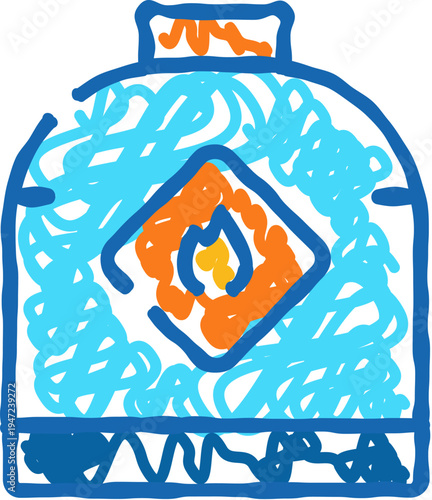 Gas cylinder with flammable warning symbol in simple doodle line art style, conveying energy, heating and household safety concepts on white background, close up studio shot