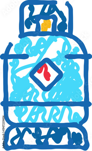 Blue gas cylinder doodle with red danger symbol, sketch style illustration representing fuel, propane or butane tank, portable energy source, safety warning and industrial use