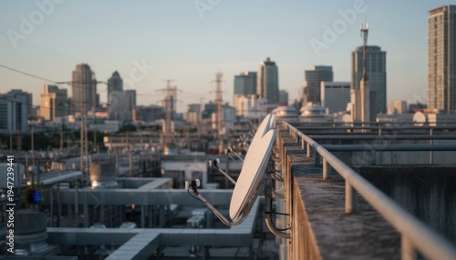 Focused shot of satellite arrays mounted near rooftop parapet railings with blurred urban infrastructure and distant building outlines.