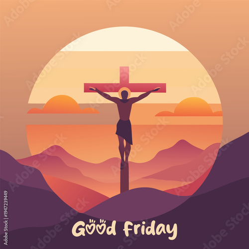 Jesus christ on the cross against a sunset background