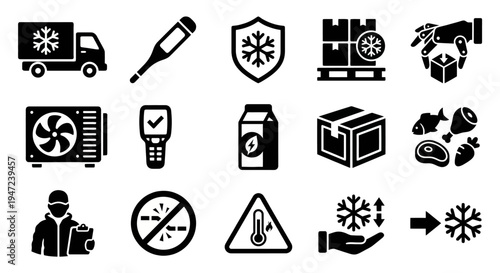 Solid black icons for cold chain logistics and temperature-controlled transport. Refrigerated trucks, thermal sensors, and frozen food symbols collection. Vector illustration for supply chain manageme