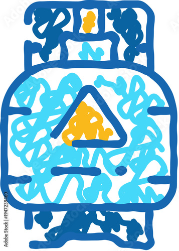 Gas cylinder storing fuel with a prominent hazard triangle warning of flammable, pressurized contents industrial or domestic propanebutane tank symbol on white background