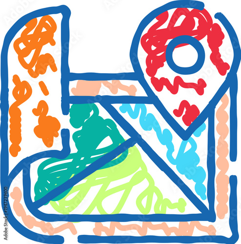 Map doodle icon displaying a colorful location pin, symbolizing navigation, travel, destination, and finding a specific place using a digital or physical route guide