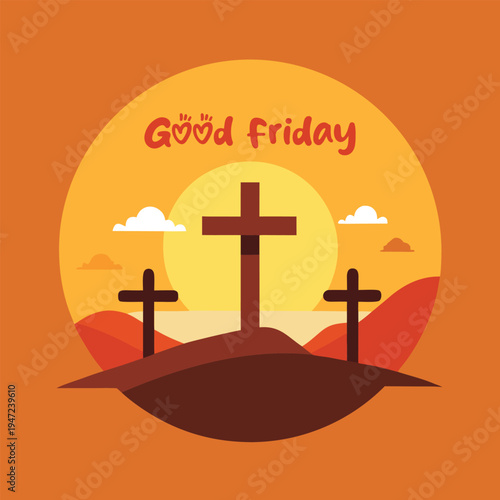 Three crosses on a hill at sunset on good friday