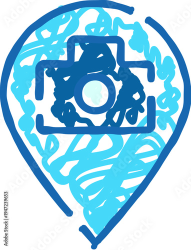 Drawing a blue camera icon inside a location pin, representing the concept of geotagging, pinpointing travel spots, and sharing memorable moments on a map