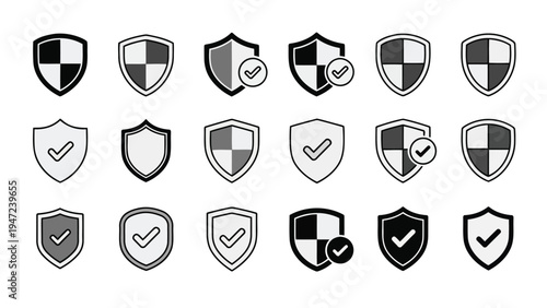Collection of historical shields featuring various crests and emblems in black and white Vector
