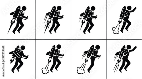 Eight black stick figures with jetpacks in various stages of flight or propulsion, showing dynamic movement.