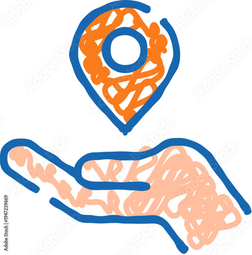 Hand holding a location pin icon, visualizing concepts of navigation, sharing location, finding places, and pinpointing destinations, drawn in a playful doodle style