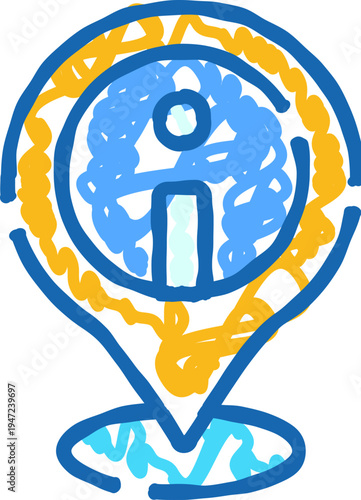 Playful textured doodle of a blue and yellow location pin on white background, marking a point of interest on a map for navigation, travel guide, app ui and discovery