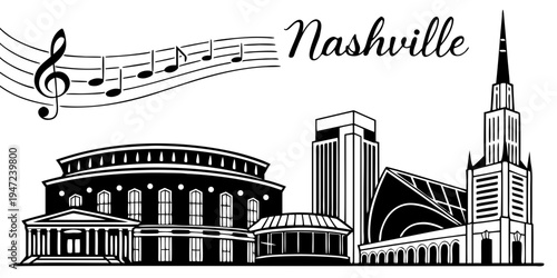 USA, US, U.S, United States - Nashville skyline with music city vibe minimalist monochrome poster