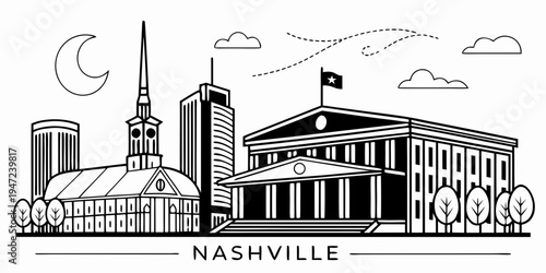 USA, US, U.S, United States - Nashville skyline with music city vibe minimalist monochrome poster 
