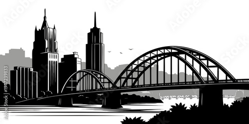 Pittsburgh USA – Skyline with Bridges Silhouette Minimalist Black and White Monochrome Travel Poster Featuring Iconic Steel City Architecture & Riverfront Design