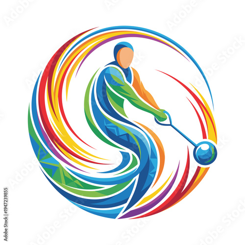 Energetic Hammer Thrower Illustration with Dynamic Colorful Swirls, Capturing Athletic Motion, Strength, and Artistic Expression