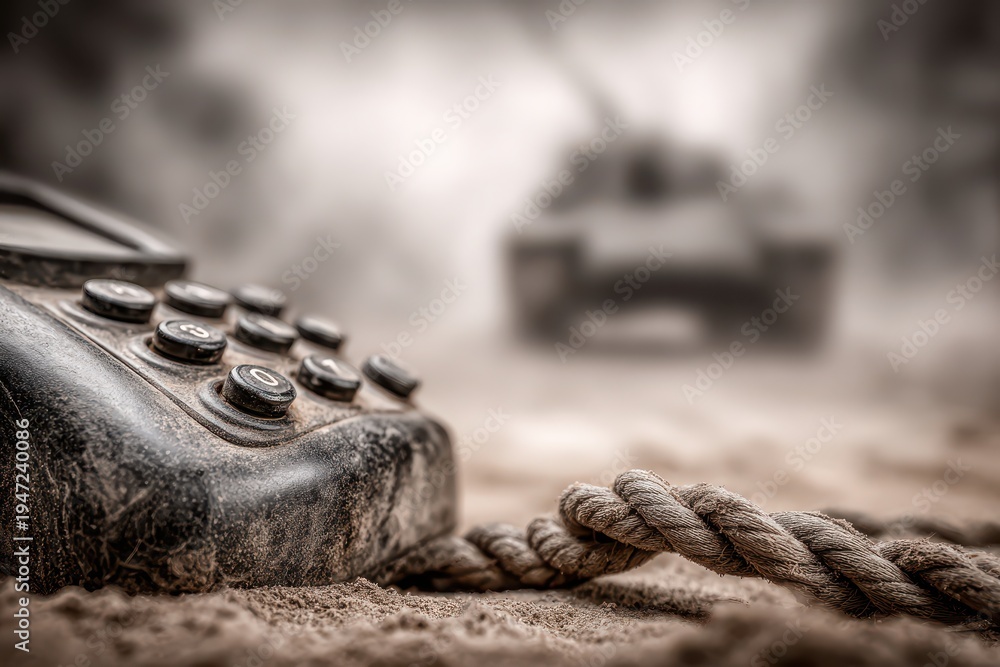 Fototapeta premium A gritty scene depicting obsolete communication: an old rotary phone, a rope, and a blurry war tank, evoking a sense of outdated strategies and technologies.