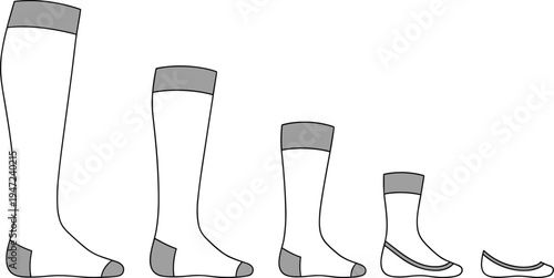 Sock length set cad drawing flat vector illustration, technical fashion sketch of knee high crew ankle and no show socks.