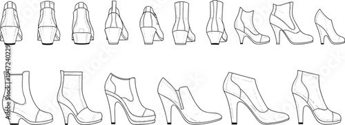 Fashion flat sketch set of women boots, technical CAD drawing of high heel ankle boots for footwear design and manufacturing.