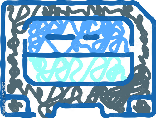 Vintage audio cassette tape doodle in hand sketched scribble style, retro analog music icon evoking nostalgia and classic recording technology on white background