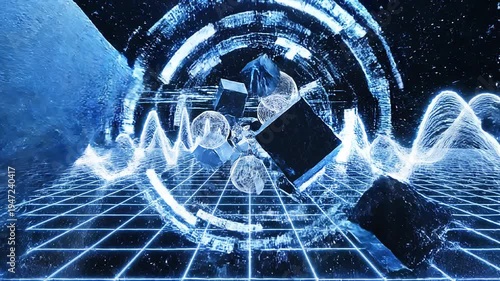 Glowing blue sound waves on a grid floor in a dark room