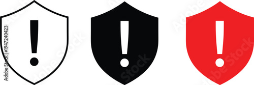 Shield Warning Icon Set, Vector Illustration of Security Alert Symbols with Exclamation Mark, Safety Guard Signs for Cyber Protection, Isolated Icons