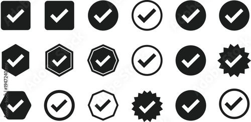 Check Mark Icon Set, Vector Illustration of Quality Approval Symbols, Verified Success Tick Marks for Business Websites, Black Geometric Shapes Isolated