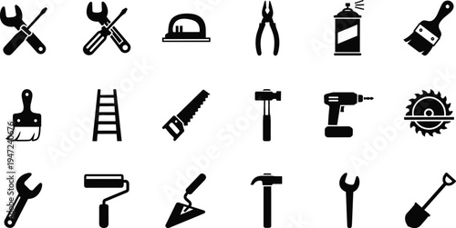 Construction tool silhouette set, hardware and home improvement icons, hammer wrench screwdriver saw and drill vector illustrations for renovation and repair.
