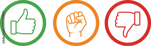 Feedback icon set featuring green thumbs up, orange fist, and red thumbs down symbols in circles for rating and satisfaction.