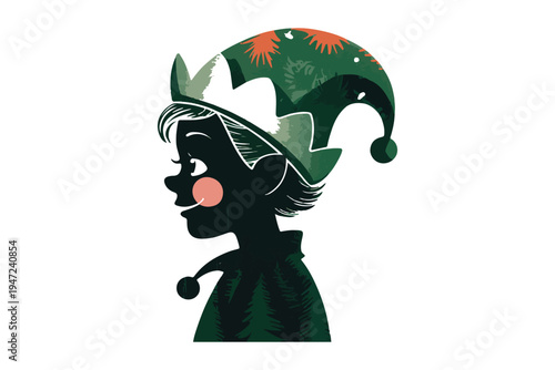 Christmas elf cute silhouette vector image illustration of a happy playful kid character wearing a festive pointed hat with jingle bells and foliage decoration isolated