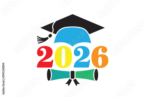 Class of 2026 graduation design featuring colorful numeric typography with academic mortarboard cap and rolled diploma scroll on transparent background for school commencement celebrations