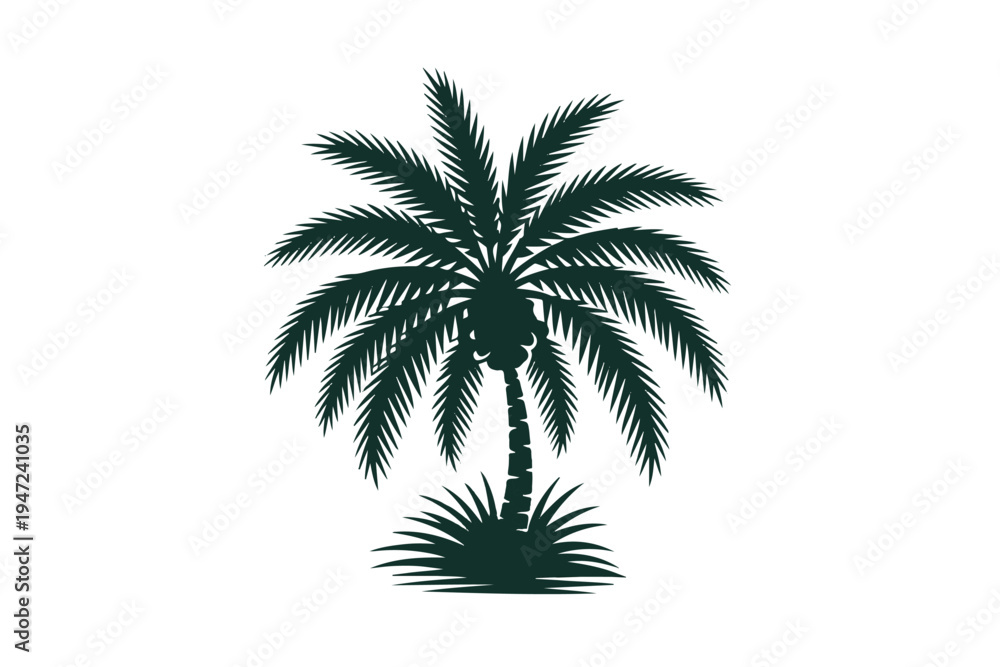 Obraz premium Lush tropical palm tree silhouette with dense foliage and undergrowth representing warm climate island vacation or exotic nature scenery graphic