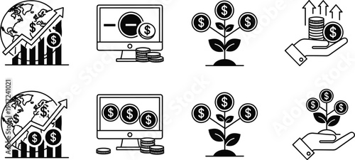 Financial growth icon set featuring global economy charts, money trees, digital banking coins, and investment success symbols for business profit analysis.