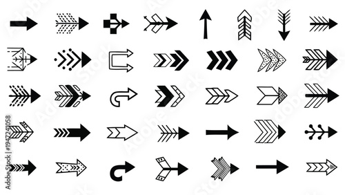 Collection of classic and modern directional and action icons in black and white Vector
