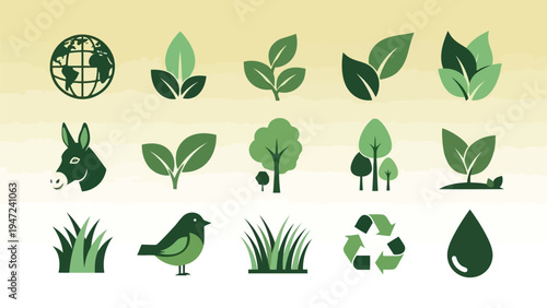 A collection of diverse leafy plants and eco-friendly recycling symbols Vector
