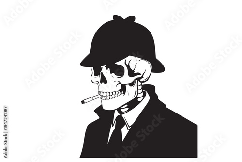 Macabre skeleton detective wearing bowler hat and smoking cigarette portraying grim investigation or mysterious crime solving character portrait