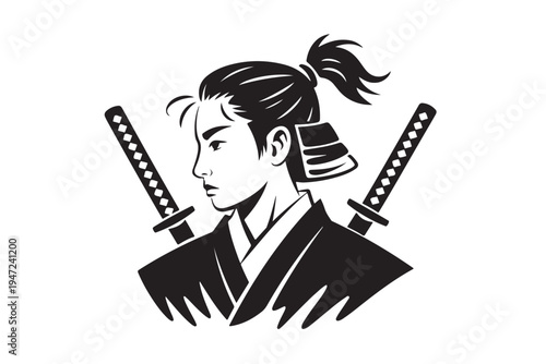 Samurai warrior vector illustration with dual katana swords behind back traditional japanese ronin character profile design black and white silhouette for t-shirt prints and martial arts art