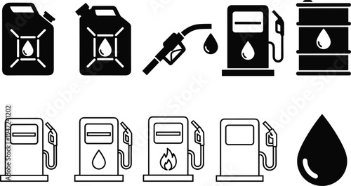Set of fuel icons vector for gas station oil industry petrol pump energy diesel gasoline canister barrel drop graphic elements