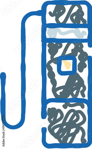 Water flosser doodle icon showing an oral irrigator device for dental hygiene, teeth cleaning and fresh breath, simple blue line art vector on white background isolated