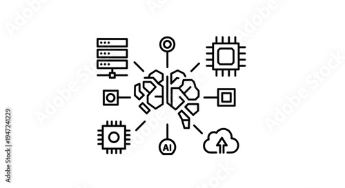 Artificial Intelligence Brain Network Concept with Data Servers, CPU, Cloud, and AI Chip
