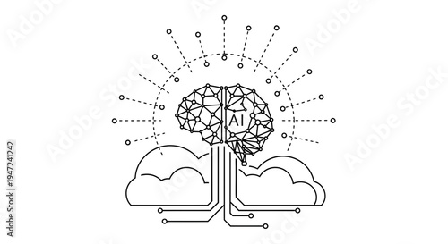 Artificial Intelligence Brain Icon with Cloud and Network Connections