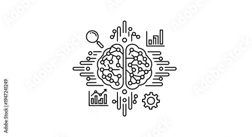 Artificial intelligence brain icon with data analysis and technology symbols