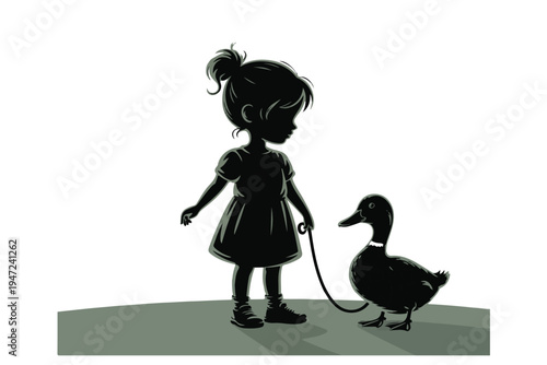 Silhouette of little girl walking a duck on a leash, charming vector illustration depicting childhood innocence and companionship with an animal friend