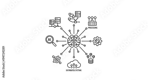 Artificial intelligence brain network connecting to data processing, cloud, and distributed systems