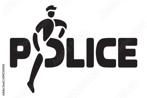 Stylized silhouette of police officer running integrated with word mark representing law enforcement authority and public safety occupation icon
