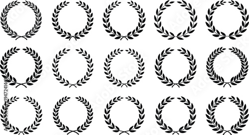 Set of black laurel wreath vector icons for award achievement noble winner heraldry championship certificate competition victory emblem design graphic elements