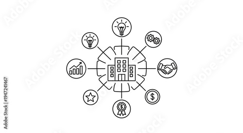 Business growth and success concept with icons around building