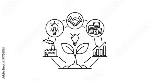 Business Growth Concept: Seedling with Icons of Ideas, Partnership, Finance, Industry, and Success