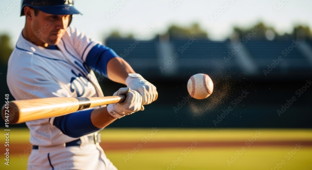 Fototapeta premium Baseball Player Hitting Ball with Bat in Stadium Action.