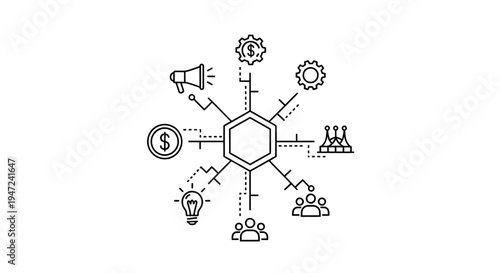 Business strategy concept: central hub connecting ideas, money, marketing, teamwork, and growth